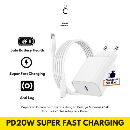 Charger 20W USB-C PD Super Fast Charging Paket Adaptor + Kabel