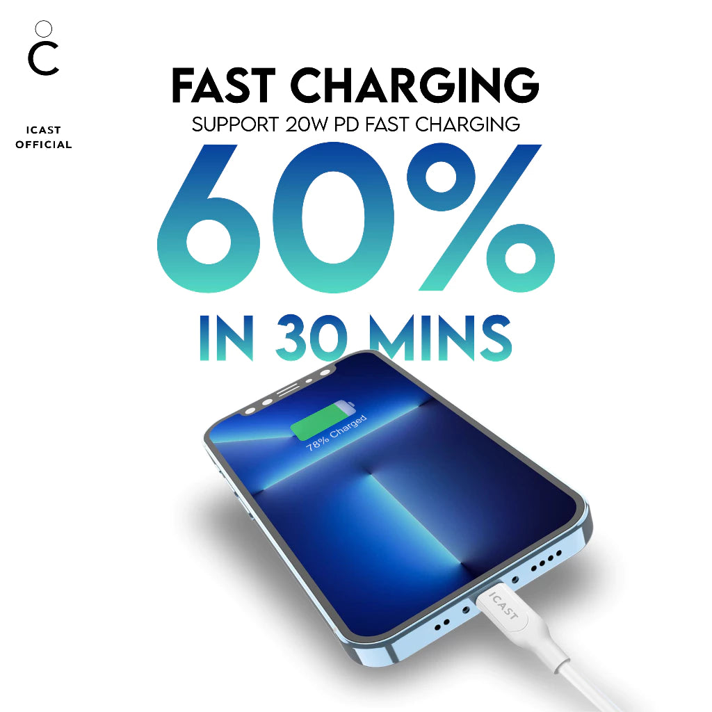 Charger iPhone 20W MFi iCast Fast Charging USB-C to Lightning