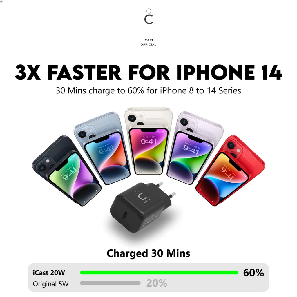 Charger iPhone 20W MFi iCast + Kabel USB-C to Lightning