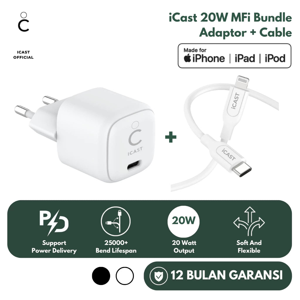 Charger iPhone 20W MFi iCast + Kabel USB-C to Lightning