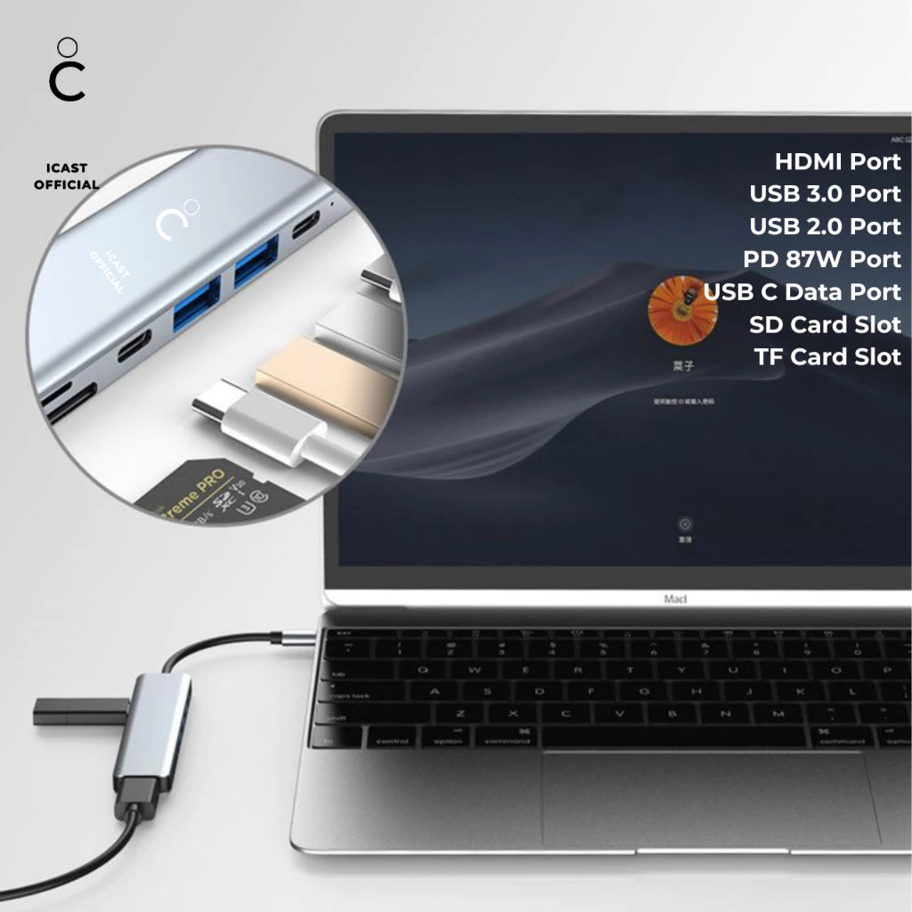 iCast 7 in 1 USB-C Hub Converter Multifungsi Premium