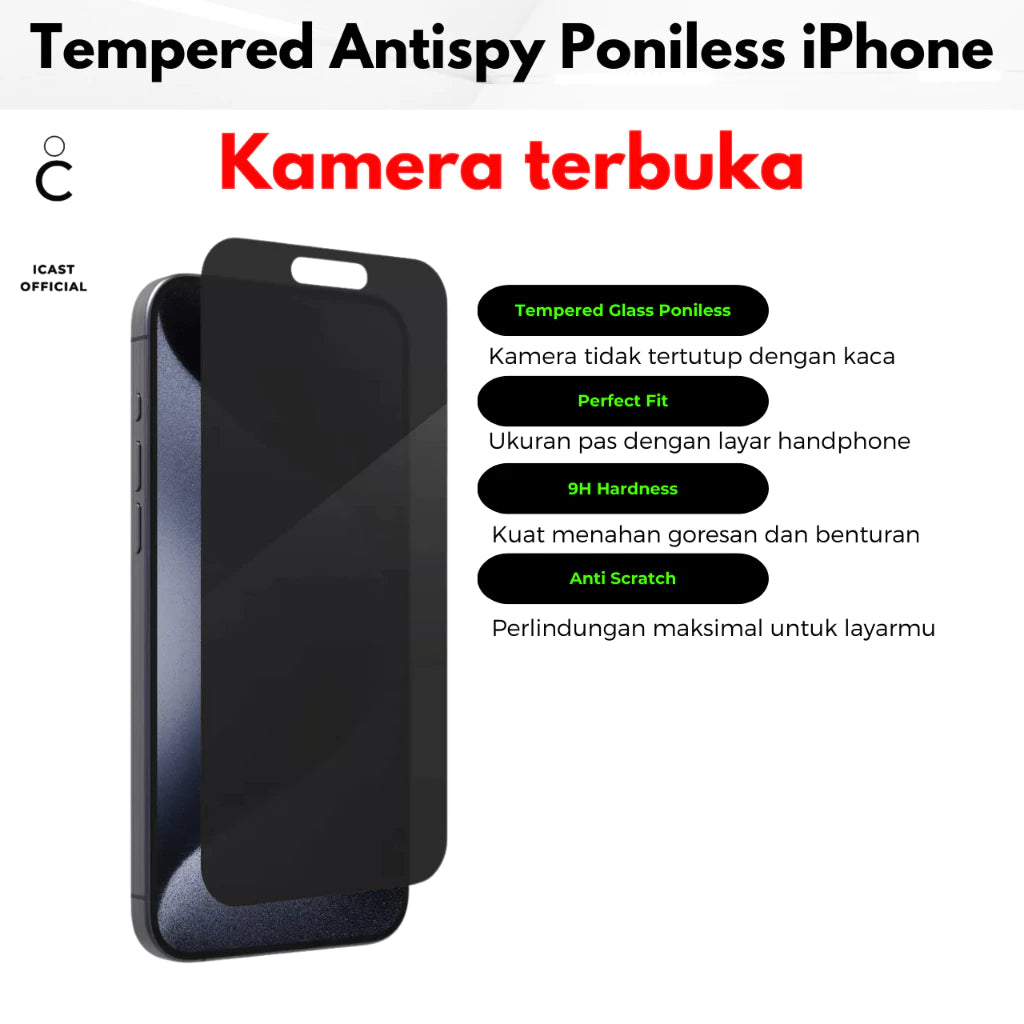 iCast Poniless iPhone X - 16 Pro Max Anti Spy Tempered Glass Kamera Terbuka