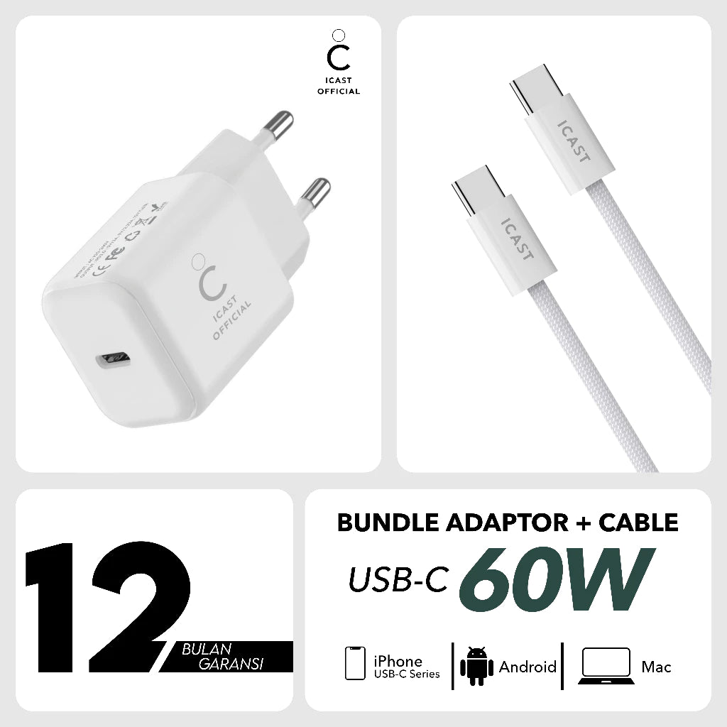 iCast Charger Bundle: Adaptor USB-C 30W + Kabel USB-C 60W