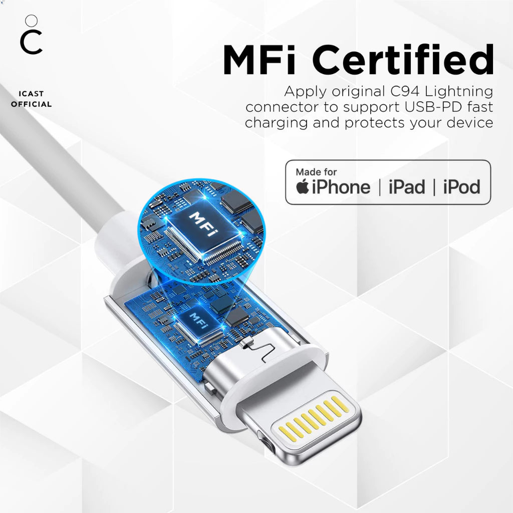 Charger iPhone 20W MFi iCast Fast Charging USB-C to Lightning