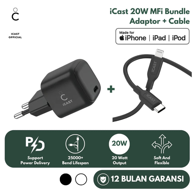 Charger iPhone 20W MFi iCast + Kabel USB-C to Lightning