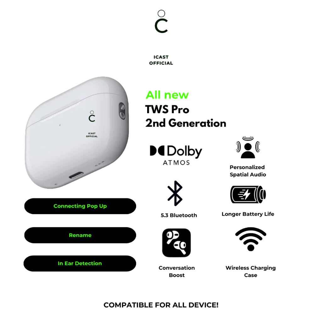 iCast TWS Pro 2 ANC Wireless Charging & Personalized Spatial Audio