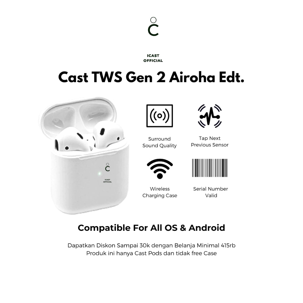 iCast TWS 2 Airoha Wireless Charging Case, Pop-Up & Serial