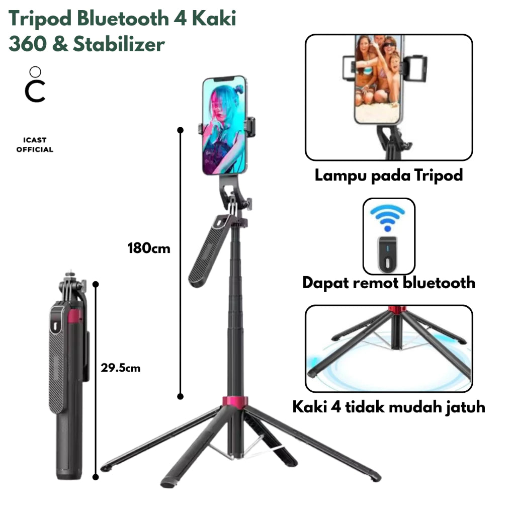 iCast Tripod Bluetooth 4 Kaki Tongsis Premium 180CM + Remote