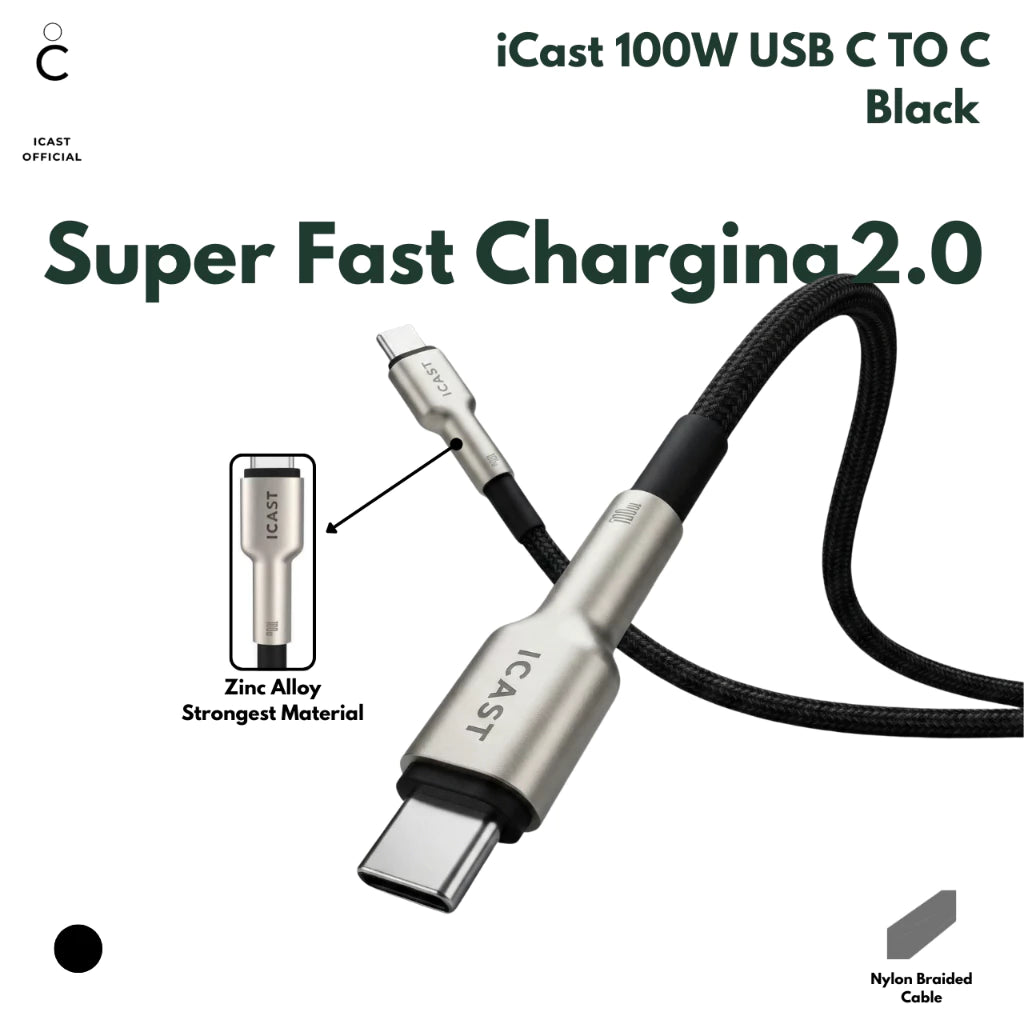 iCast Kabel USB C 100W Super Fast Charging 2.0 Zinc Alloy QC 3.0 Nylon braided