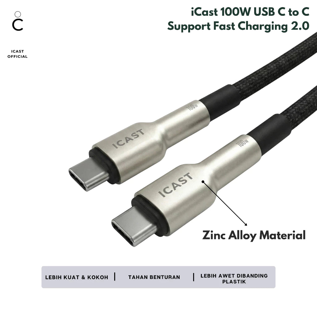 iCast Kabel USB C 100W Super Fast Charging 2.0 Zinc Alloy QC 3.0 Nylon braided