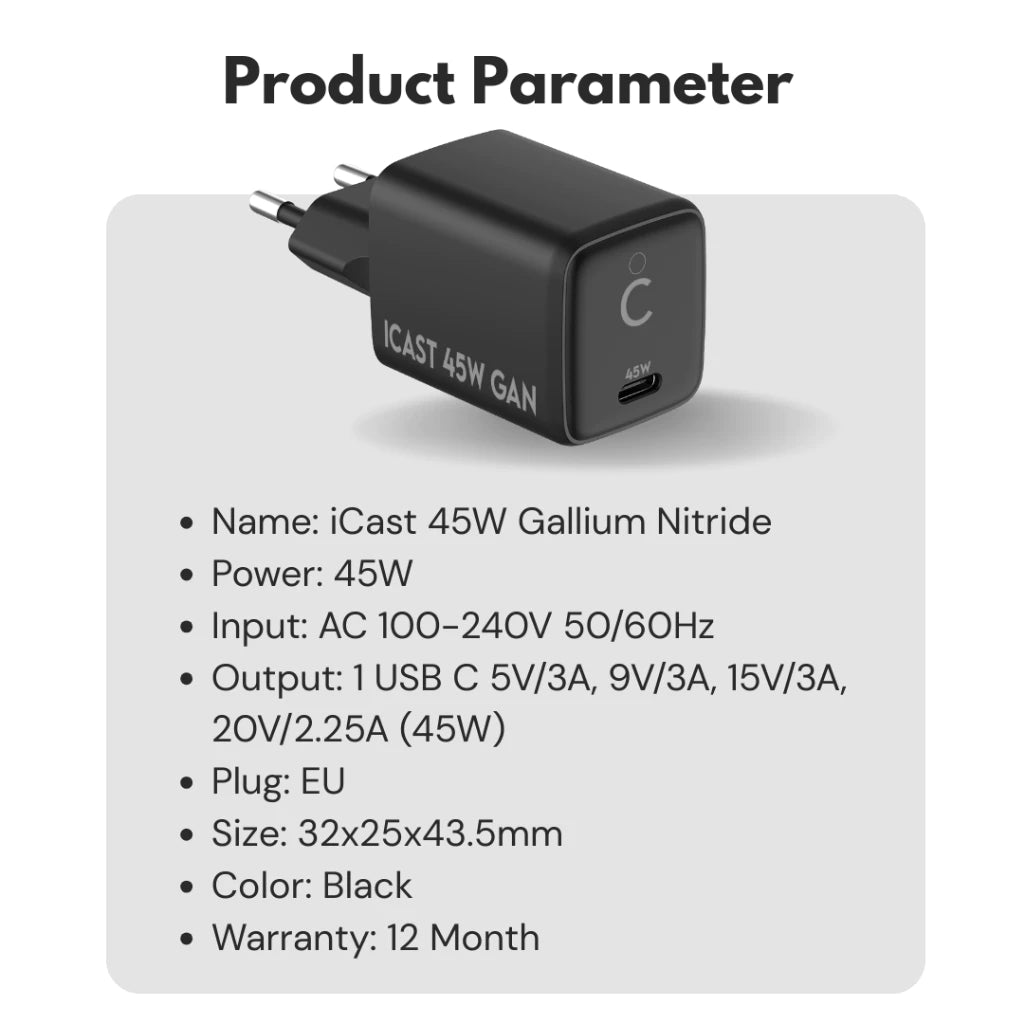 iCast Charger 45W GaN Super Fast Charging 2.0 Adaptor Kepala Charger 45W GaN
