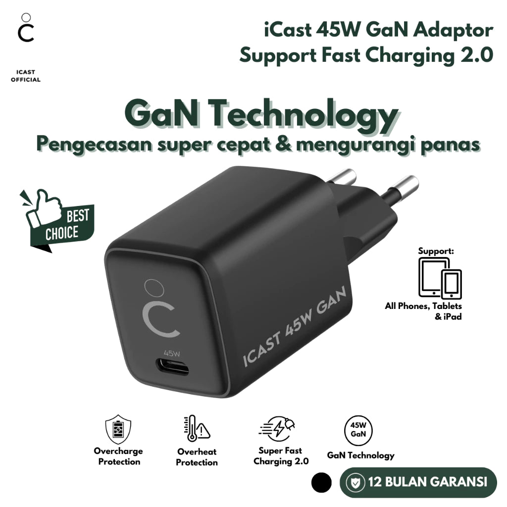 iCast Charger 45W GaN Super Fast Charging 2.0 Adaptor Kepala Charger 45W GaN
