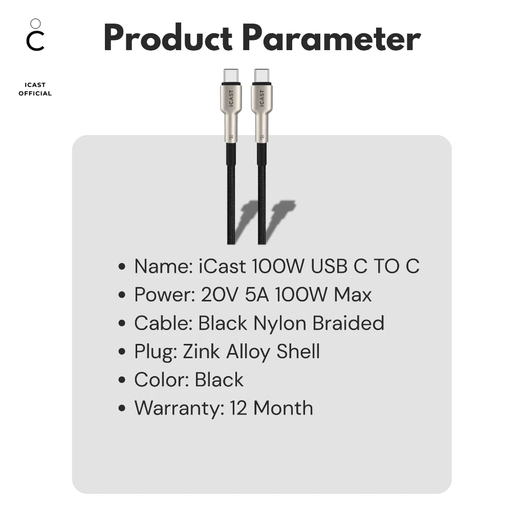 iCast Kabel USB C 100W Super Fast Charging 2.0 Zinc Alloy QC 3.0 Nylon braided